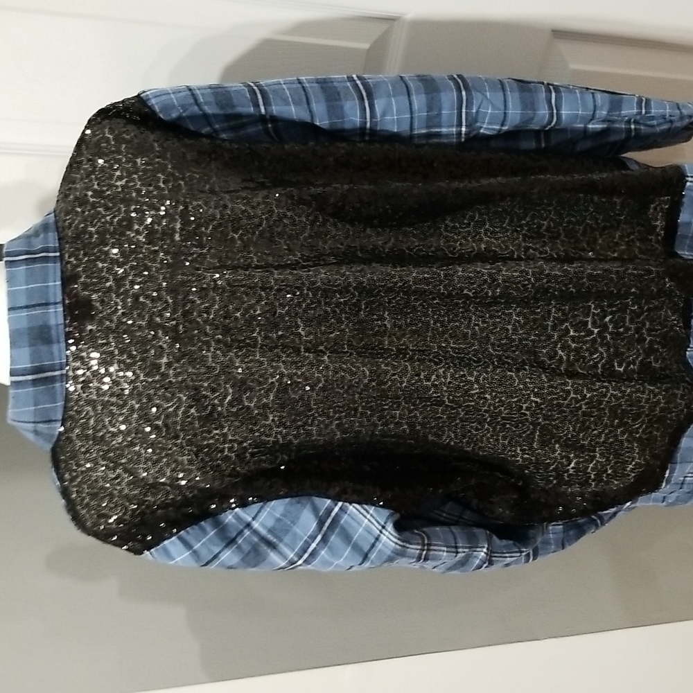 Embossed Sequin Back Checkered Flannel Tunic Shirt - image 1